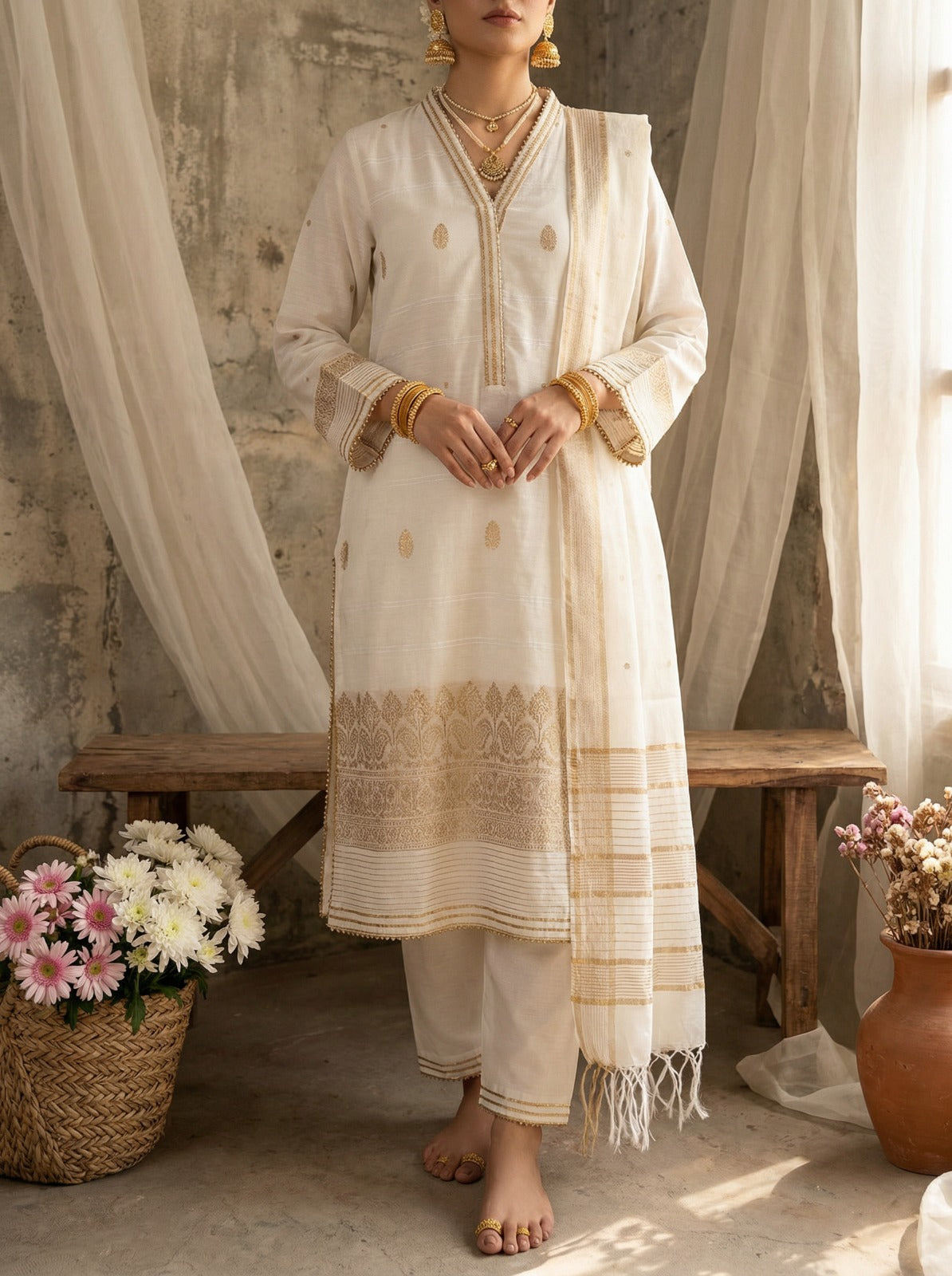3-Piece HAND WOVEN KHADDI SUIT -Pearl White