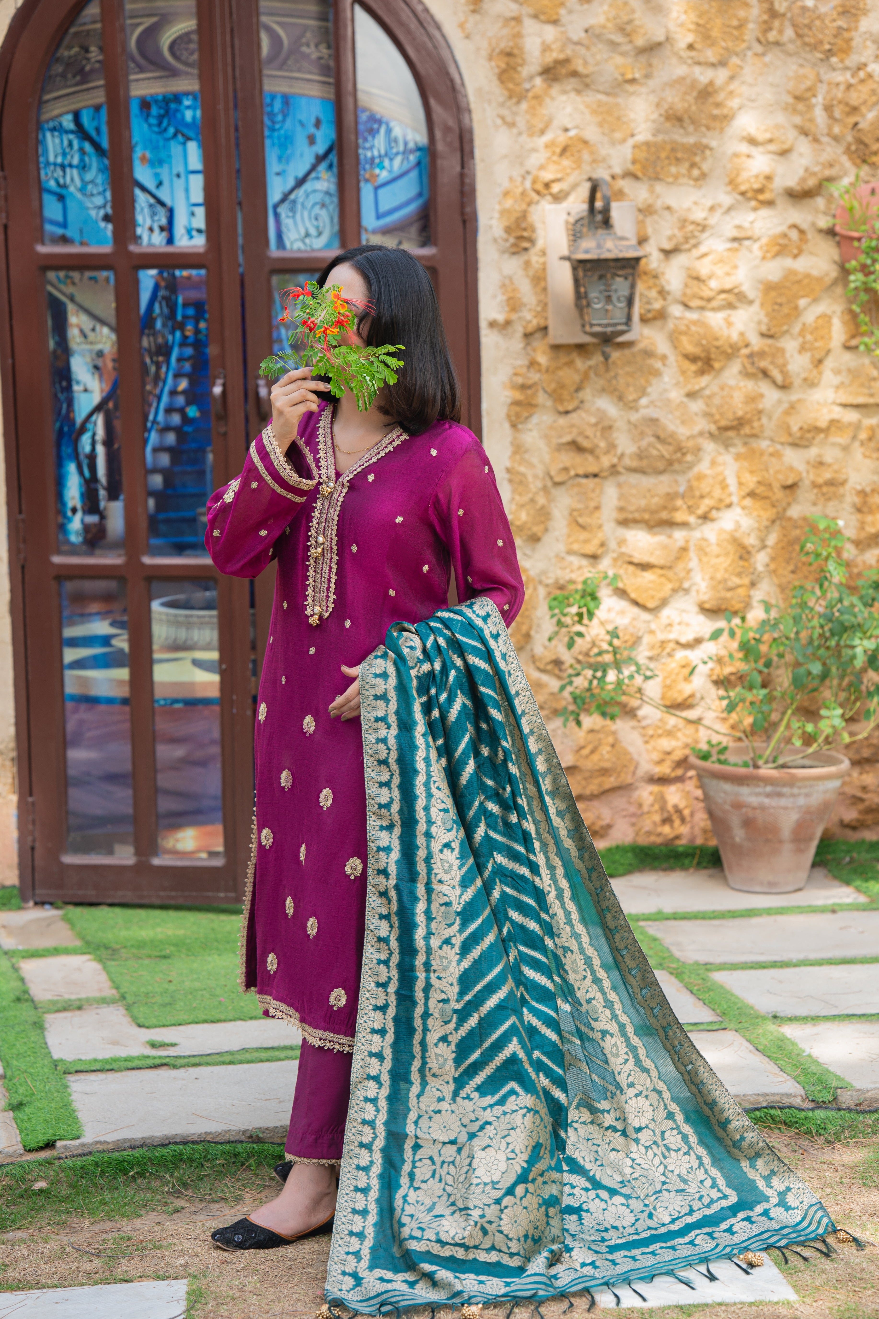 3-Piece EMBROIDERED SUIT - Mulberry Pink