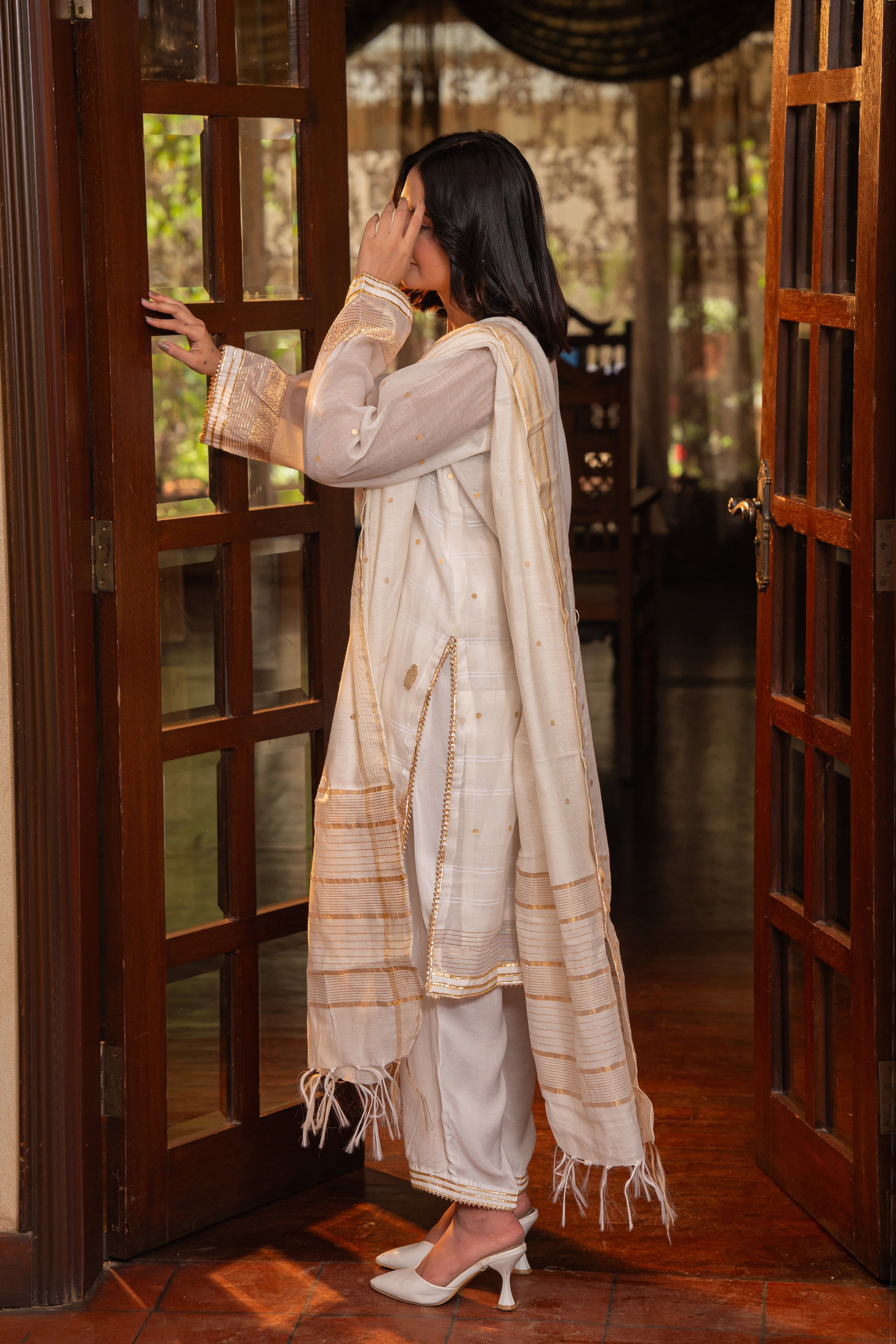 3-Piece HAND WOVEN KHADDI SUIT -Pearl White