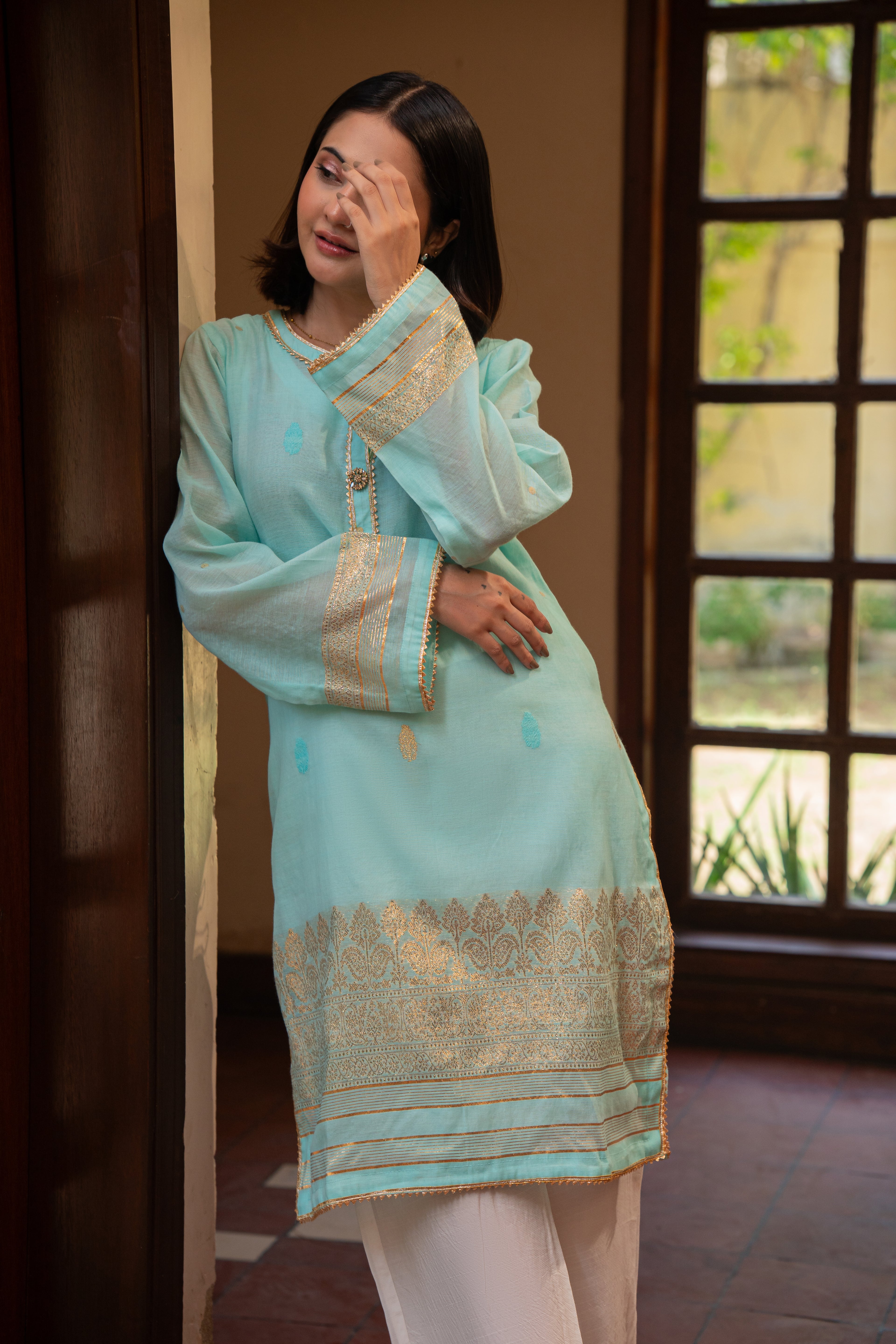 3-Piece HAND WOVEN KHADDI SUIT -Aqua Mist