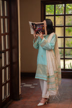 3-Piece HAND WOVEN KHADDI SUIT -Aqua Mist