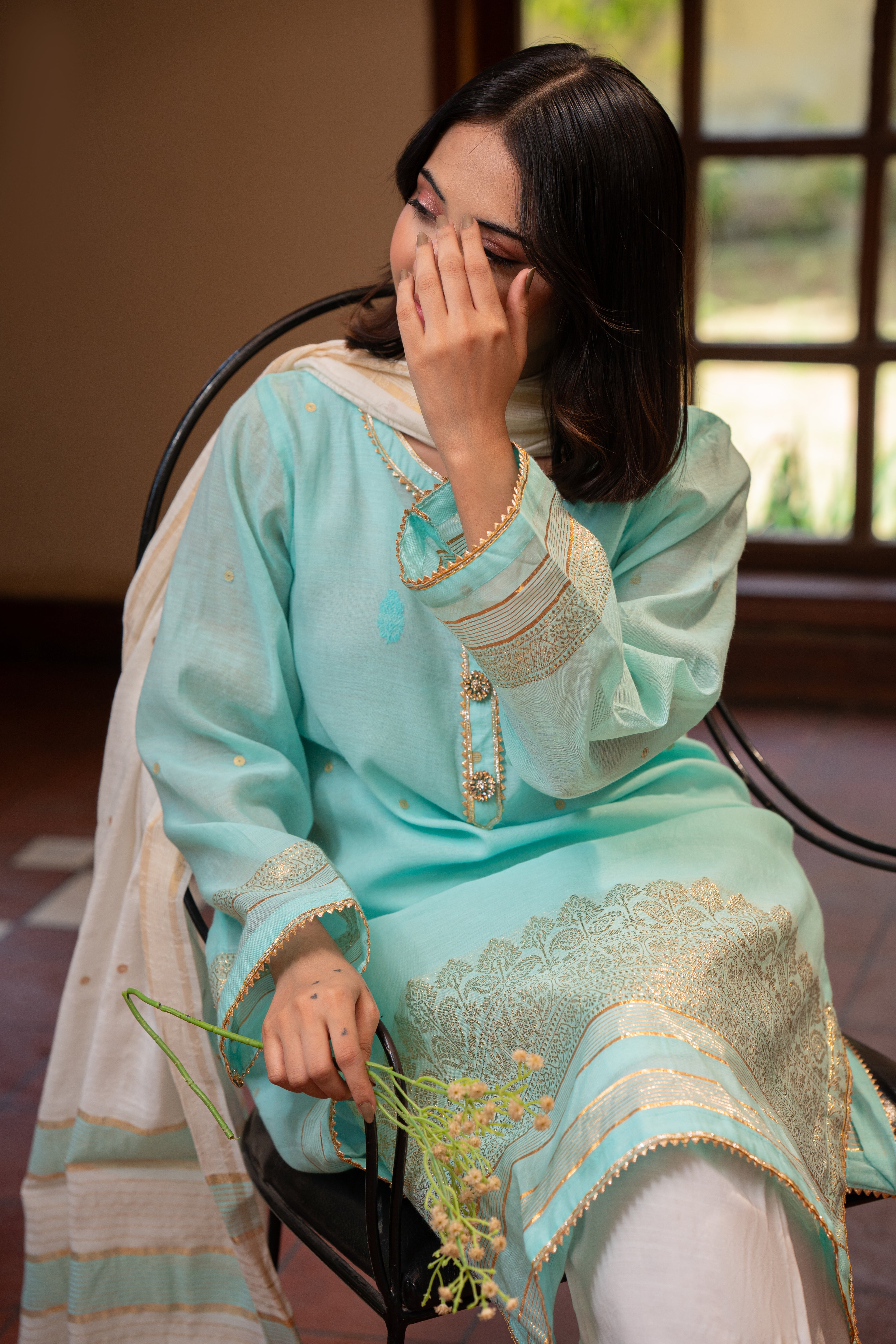 3-Piece HAND WOVEN KHADDI SUIT -Aqua Mist