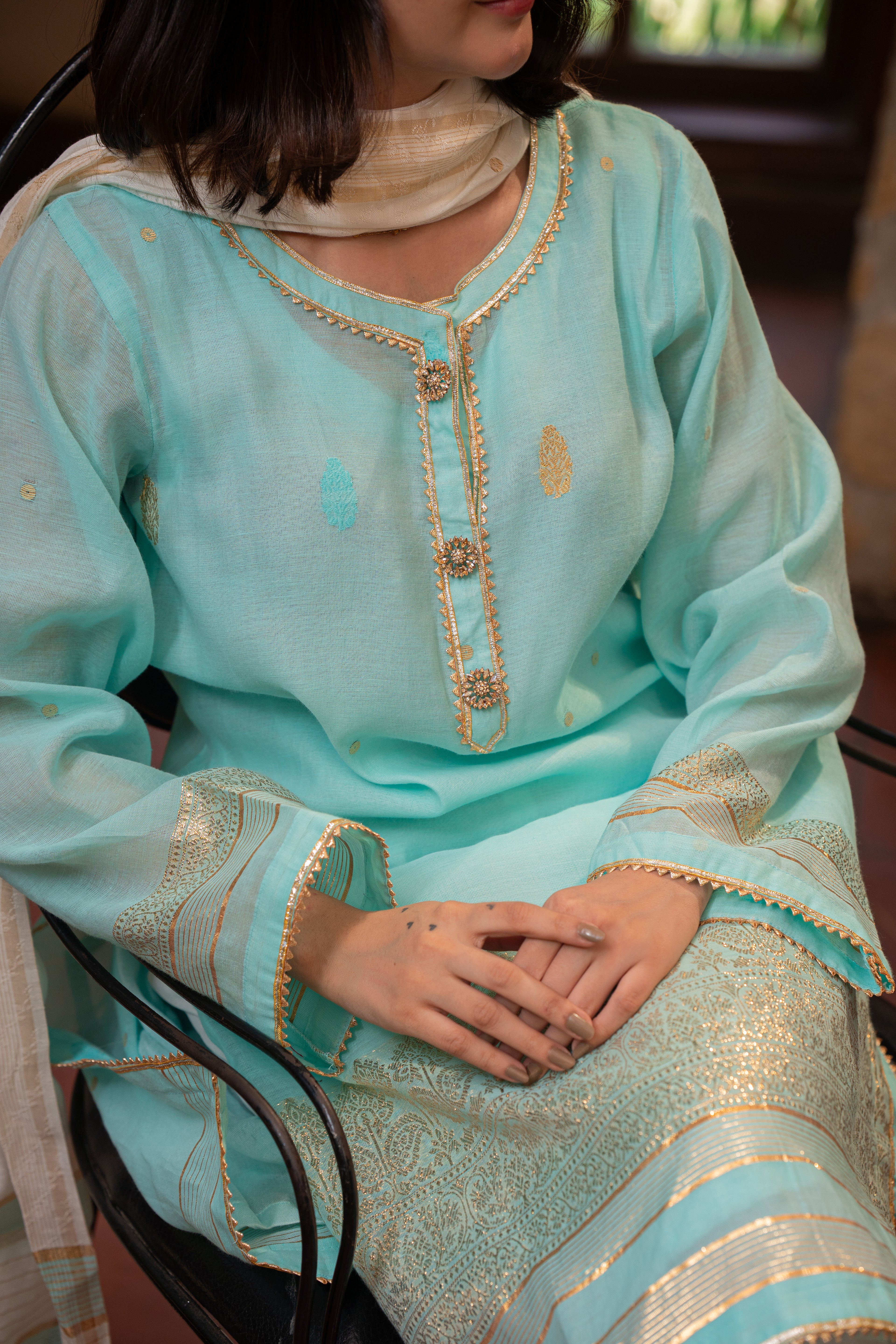 3-Piece HAND WOVEN KHADDI SUIT -Aqua Mist