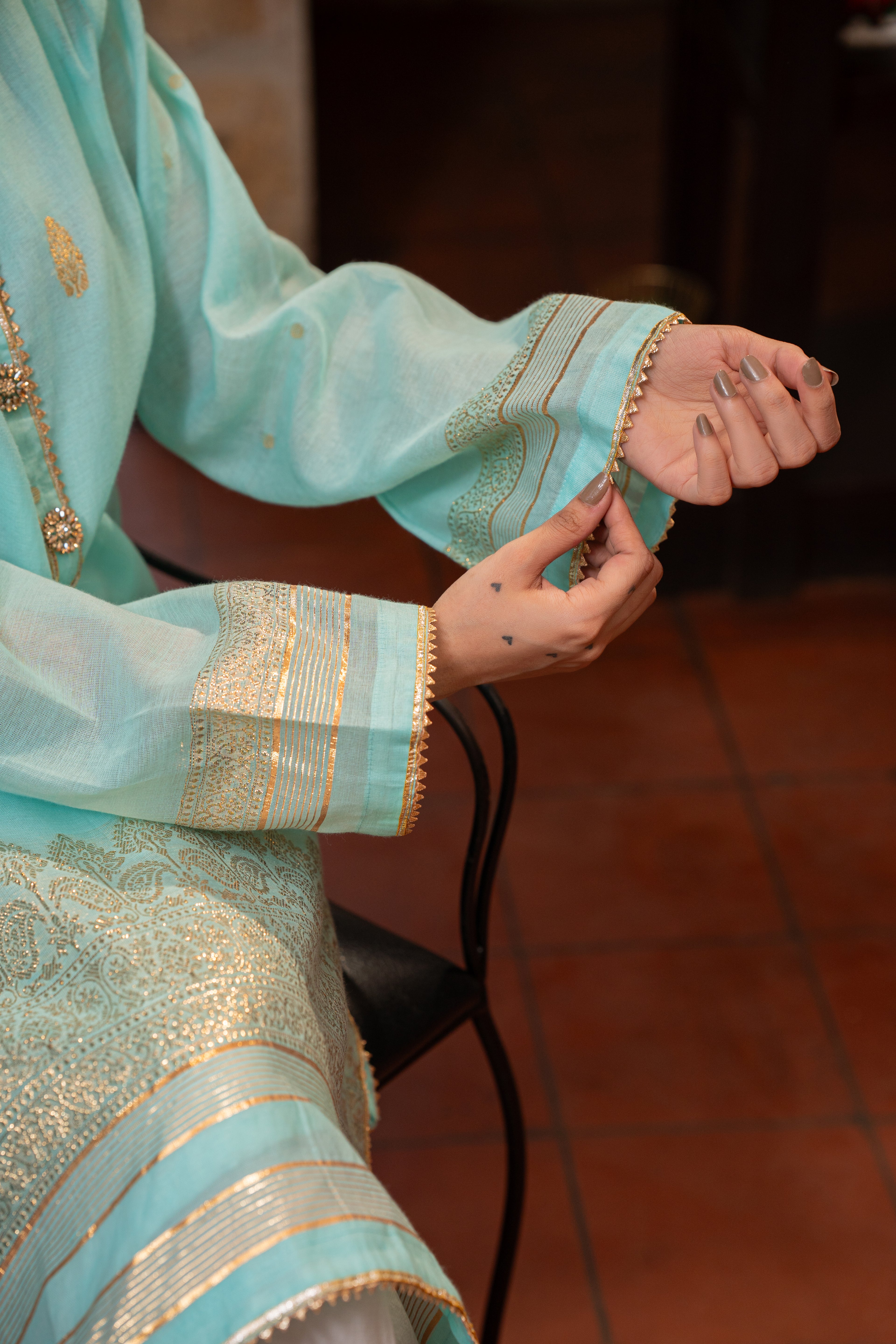 3-Piece HAND WOVEN KHADDI SUIT -Aqua Mist