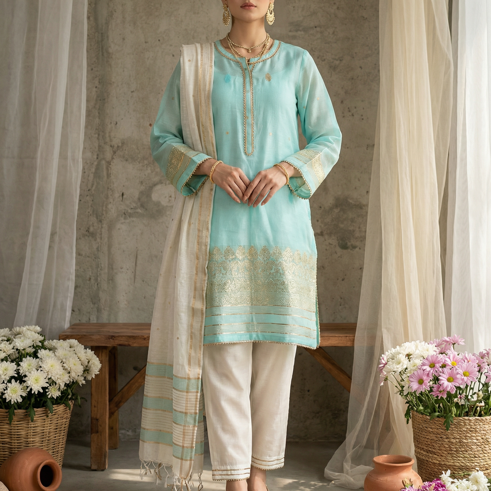 3-Piece HAND WOVEN KHADDI SUIT -Aqua Mist