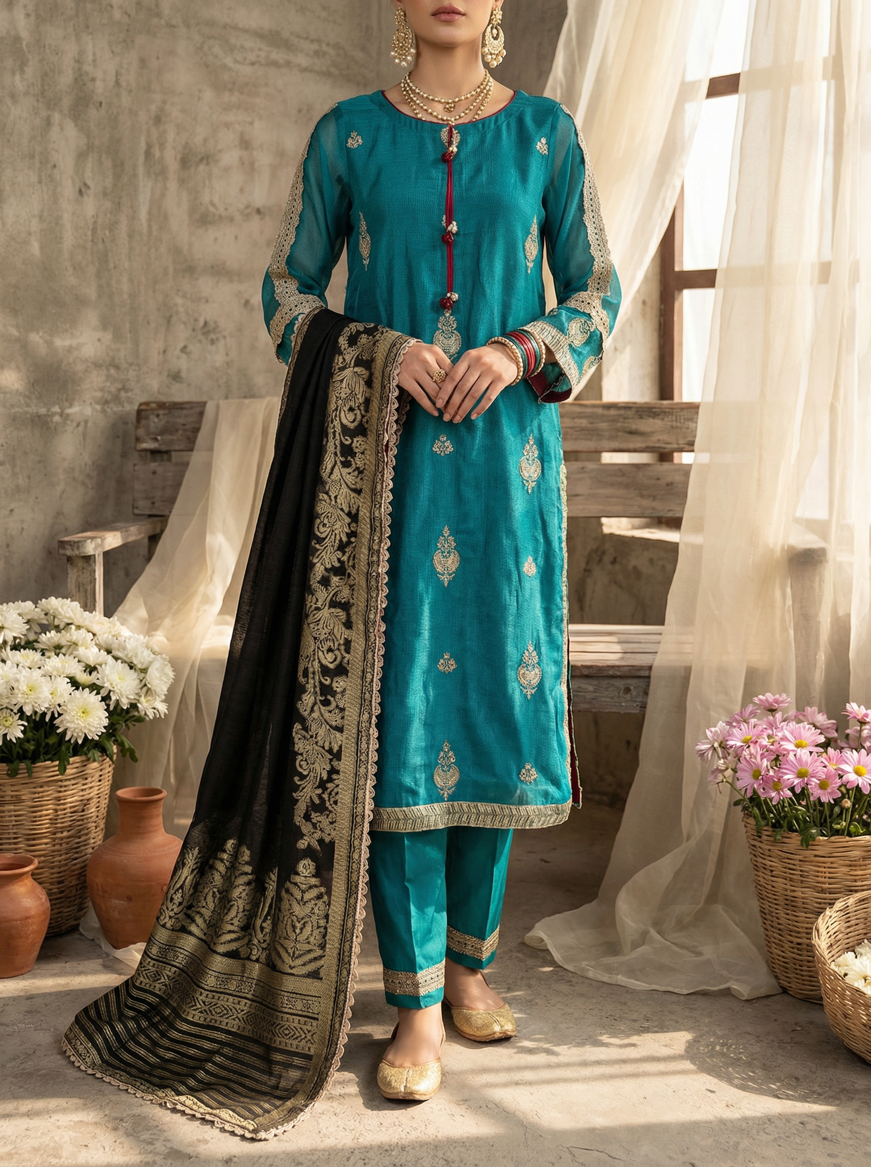3-Piece EMBROIDERED SUIT - Zircon Blue