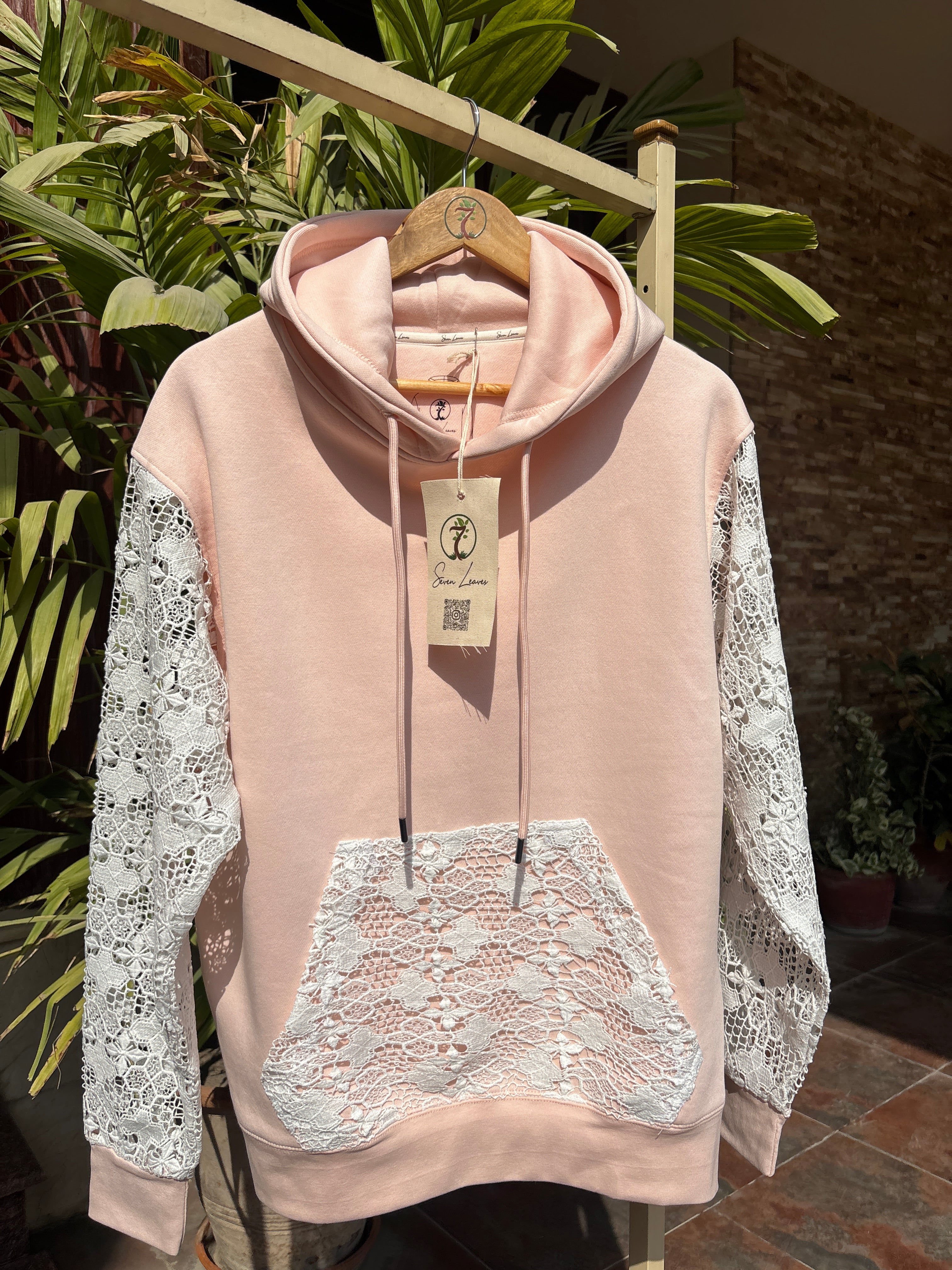 GUIPURE HOODIE - WHITE ON PEACH