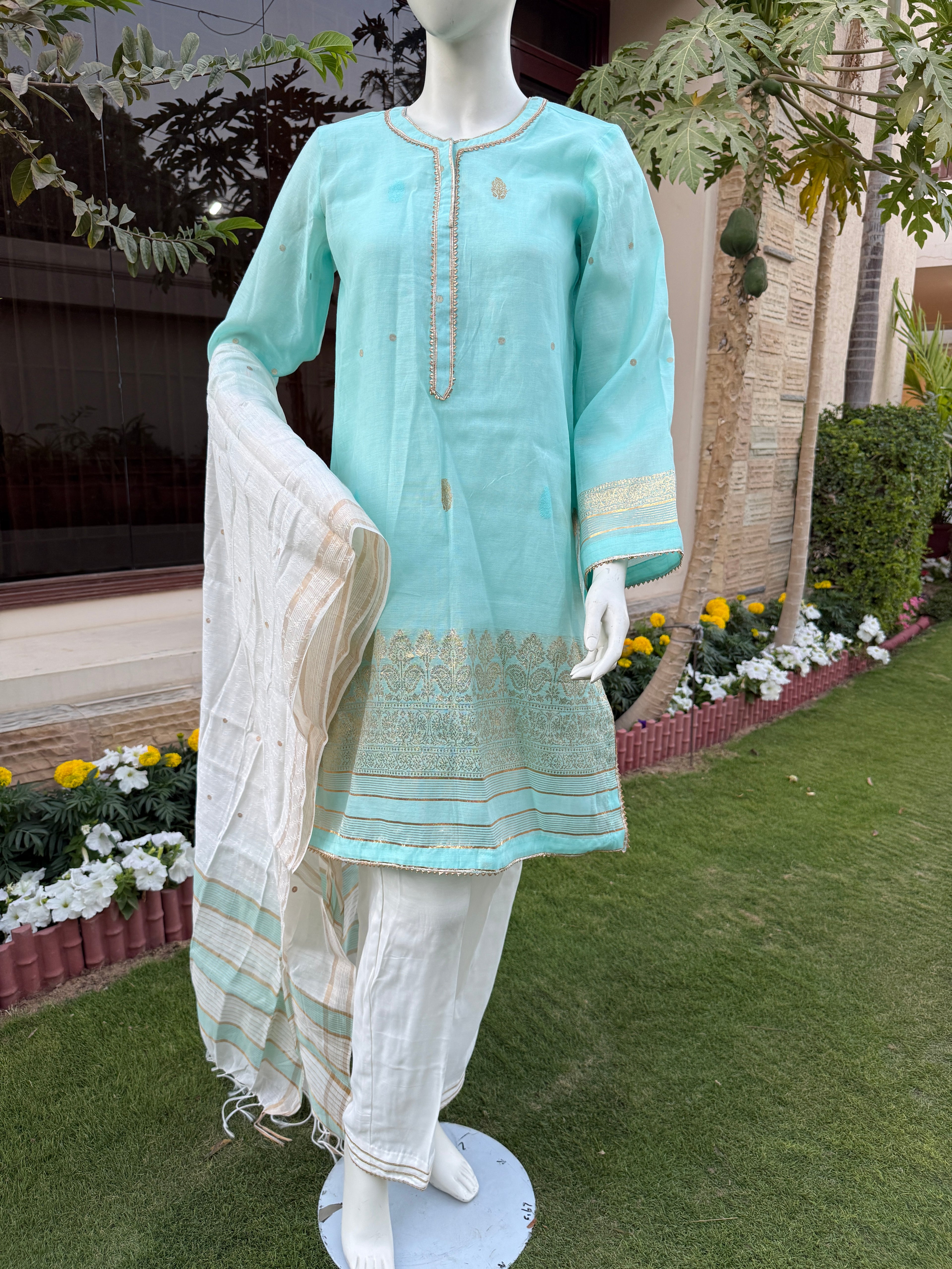 3-Piece HAND WOVEN KHADDI SUIT -Aqua Mist