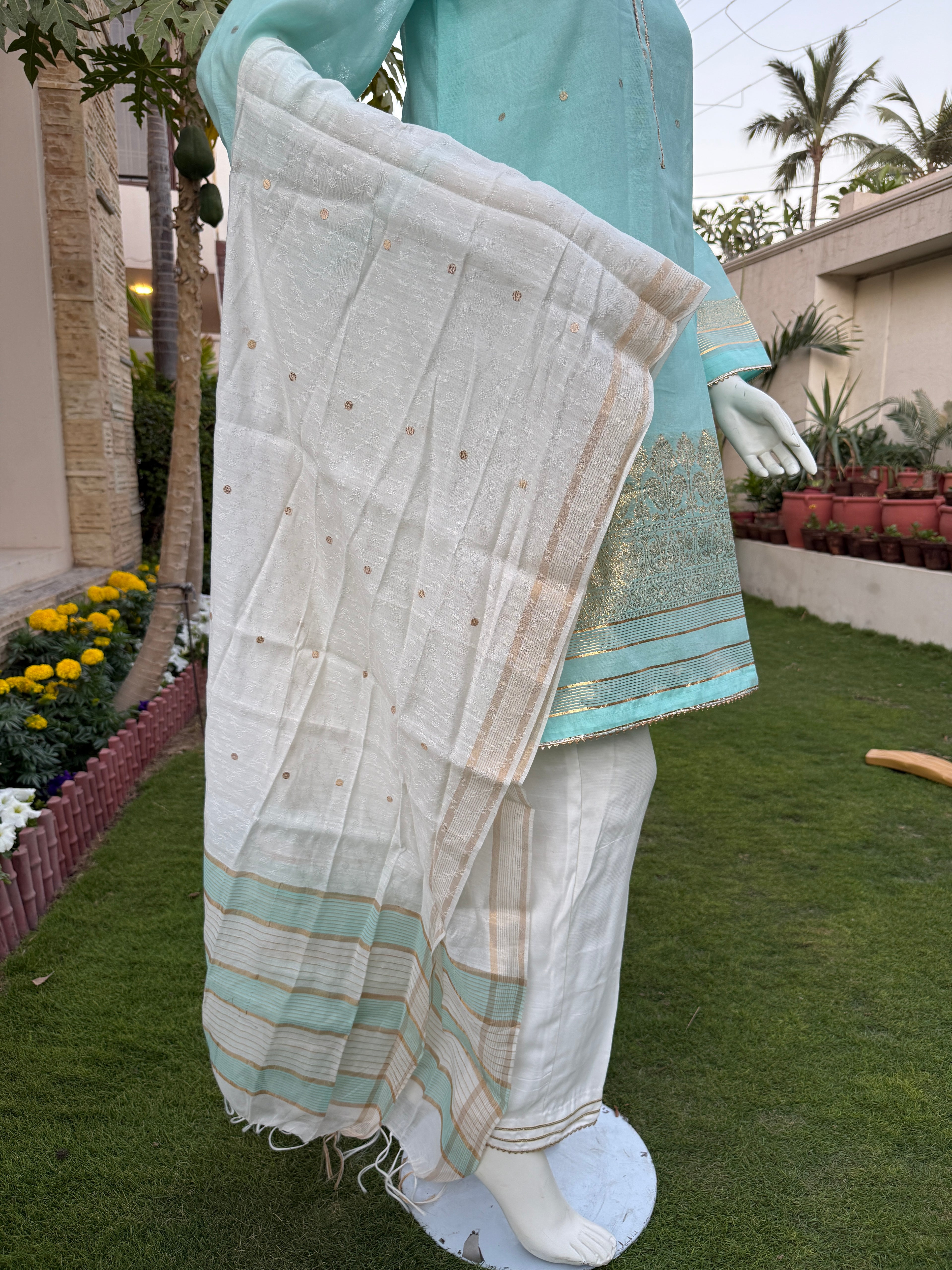 3-Piece HAND WOVEN KHADDI SUIT -Aqua Mist