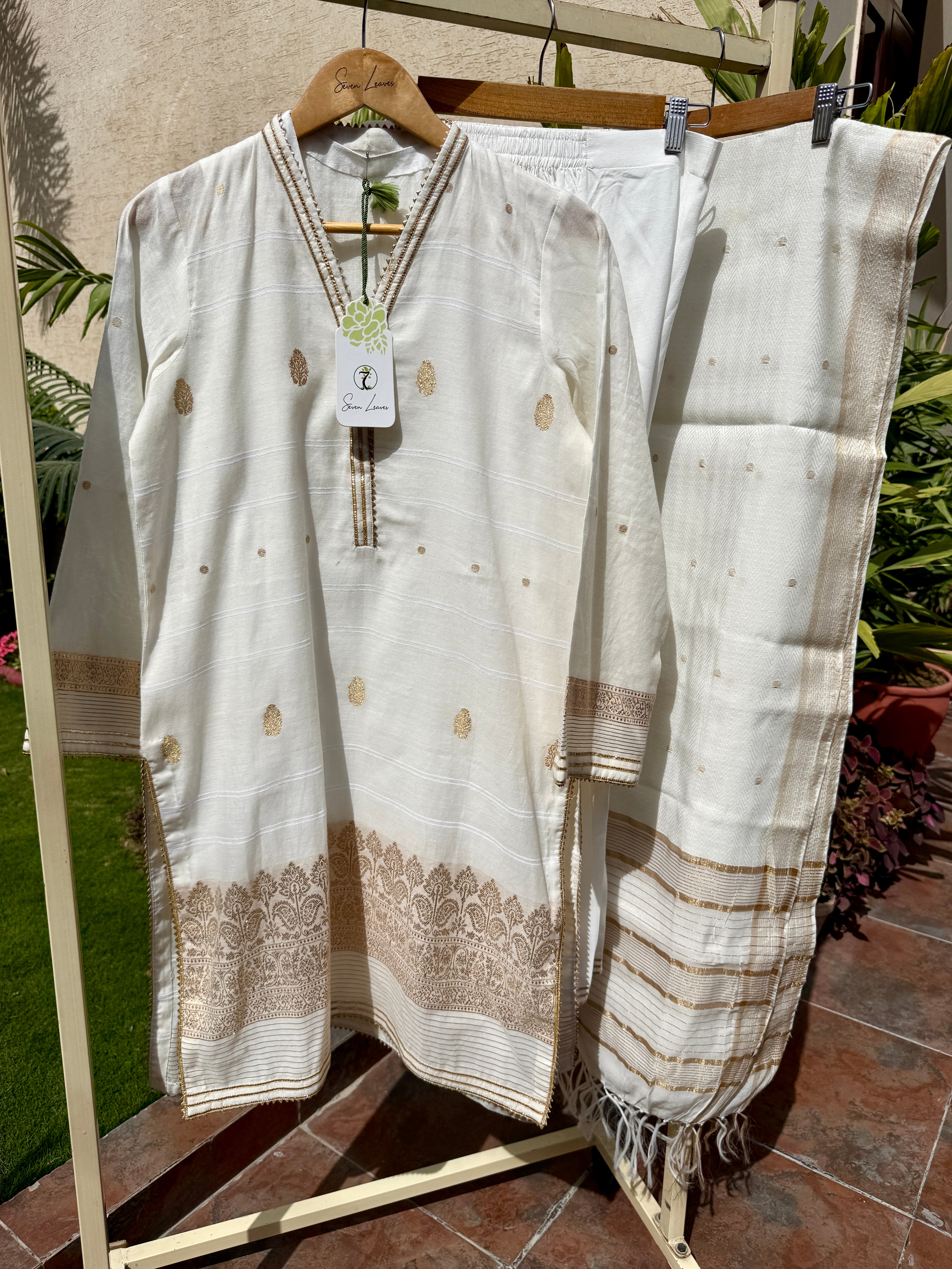 3-Piece HAND WOVEN KHADDI SUIT -Pearl White