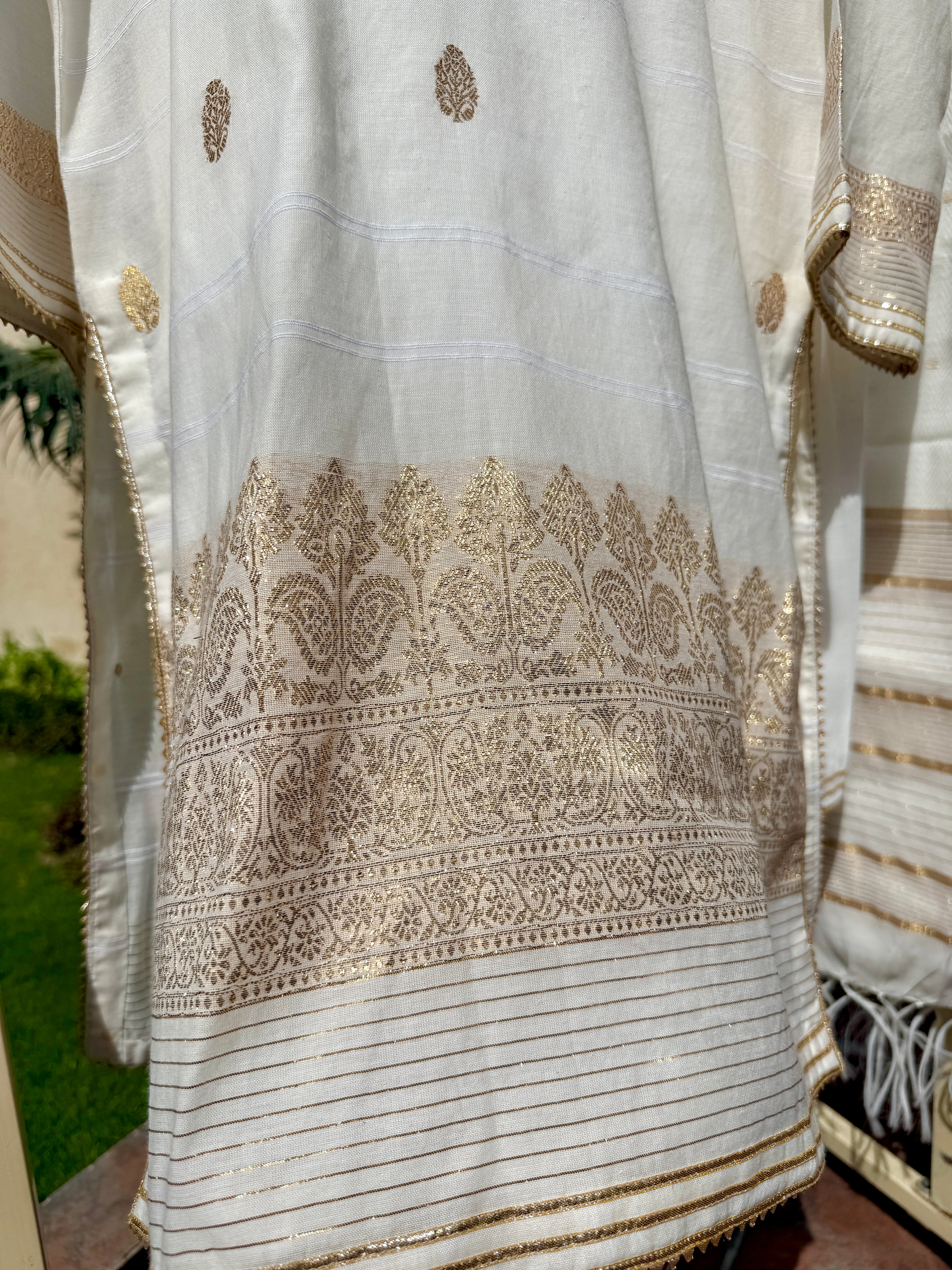 3-Piece HAND WOVEN KHADDI SUIT -Pearl White
