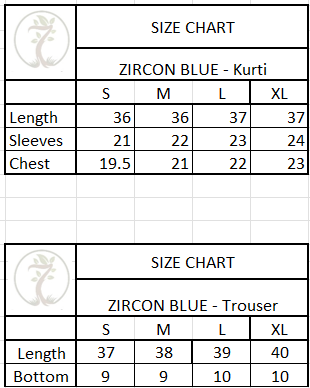 Size chart for 3-Piece EMBROIDERED SUIT - Zircon Blue