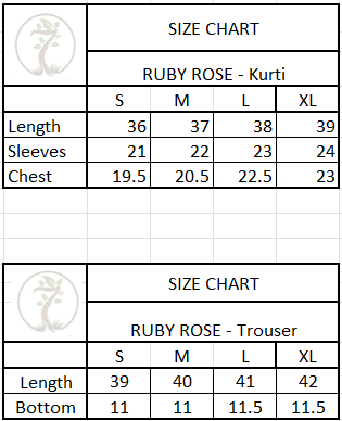 Size chart for 3-Piece EMBROIDERED SUIT - Ruby Rose