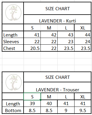 Size chart for Co-Ord Sets ESSENTIALS - Lavender Blossom
