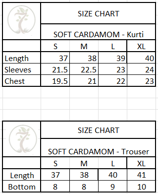 Size chart for 3-Piece EMBROIDERED SUIT - Soft Cardamom
