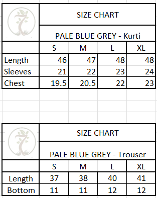 Size chart for Co-Ord Sets ESSENTIALS - Pale Blue Grey