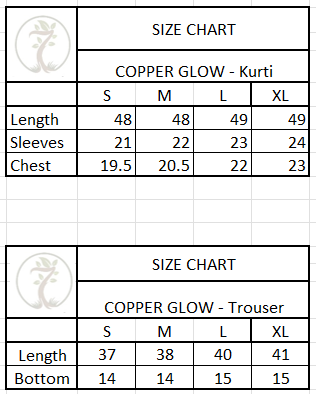 Size chart for 3-Piece EMBROIDERED SUIT - Copper Glow
