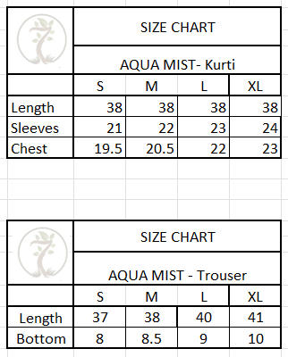 Size chart for 3-Piece HAND WOVEN KHADDI SUIT -Aqua Mist