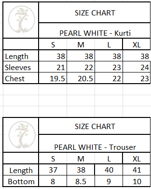 Size chart for 3-Piece HAND WOVEN KHADDI SUIT -Pearl White