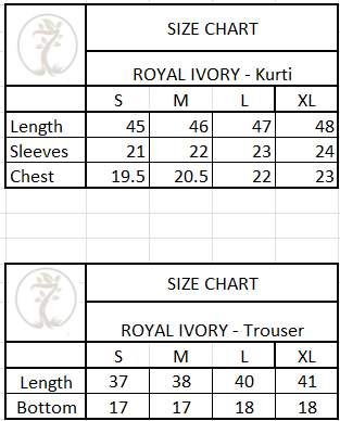 Size chart for 3-Piece EMBROIDERED SUIT - Royal Ivory